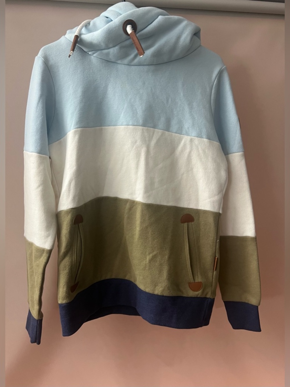 High Camp Outfitters Light Blue Fleece Hoodie with Brown Trim